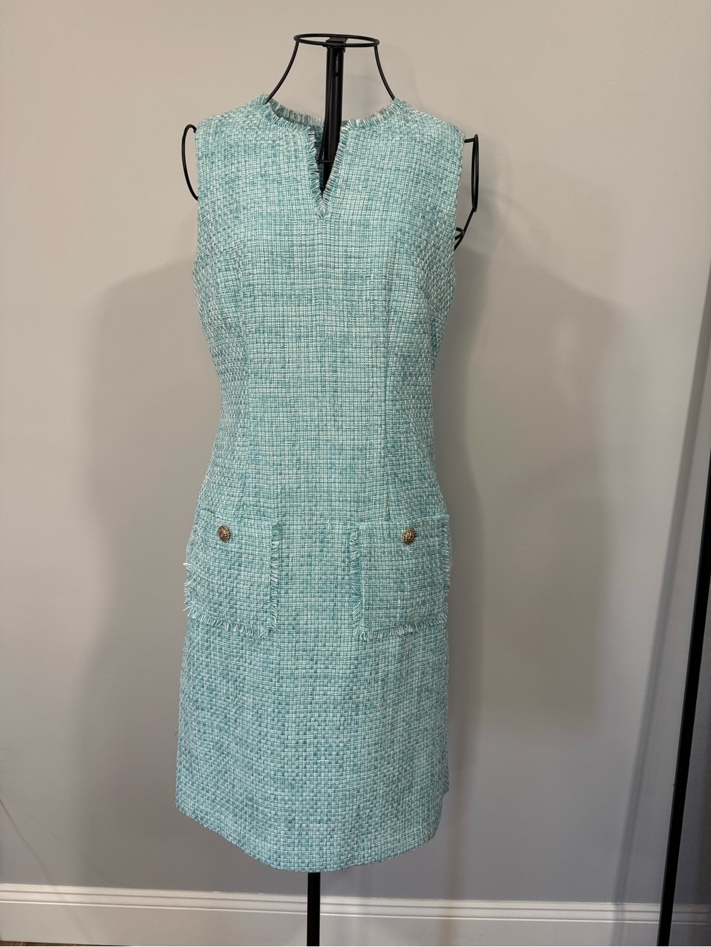 Karl Lagerfeld Paris Tweed Shift Dress Sleeveless Aqua Blue Size 2